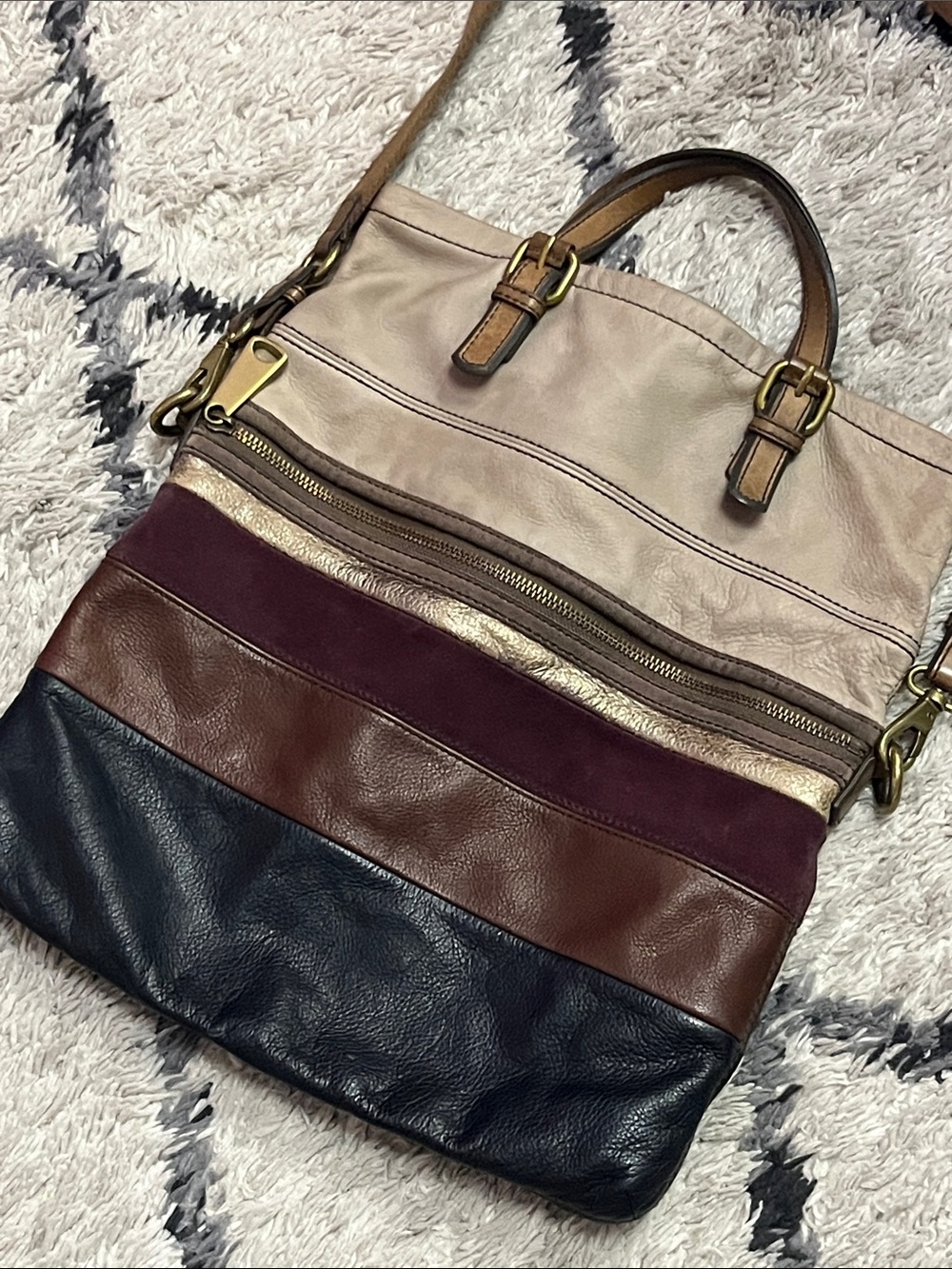 Fossil Explorer ZB5508 Leather Suede Patchwork Crossbody Tote Bag Multicolor - Picture 6 of 16